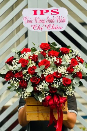 Giỏ hoa hồng đỏ sang trọng và nồng nàn, biểu trưng cho tình yêu sâu sắc và niềm đam mê mãnh liệt. Thích hợp tặng người yêu, kỷ niệm hoặc các dịp đặc biệt.