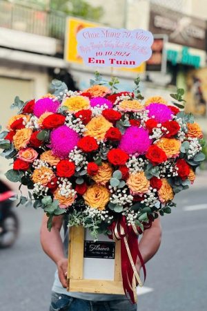 Giỏ hoa sinh nhật tone cam – hồng ngọt ngào, dịch vụ đặt hoa sinh nhật tại Việt Yên Bắc Giang, giao tận nơi, tư vấn miễn phí.