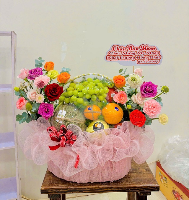 Giỏ Trái Cây Khai Trương Phối Hoa Tươi